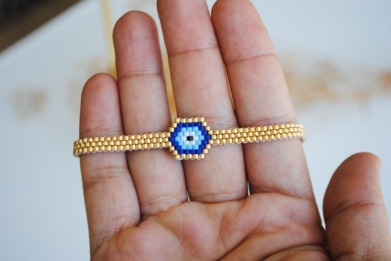 Miyuki evil eye bracelet, Adjustable Evil eye gold bead bracelet, Woven bracelet, Best friend bracelet, Trend gift for her image 5