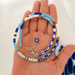 Handmade necklace beaded jewelry,Hand-woven beaded choker,Blue evil eye bead necklace,Minimalist boho chic necklace,Modern Custom Mom Gifts