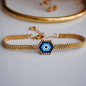 Miyuki evil eye bracelet, Adjustable Evil eye gold bead bracelet, Woven bracelet, Best friend bracelet, Trend gift for her image 3