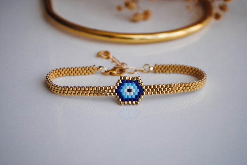 Miyuki evil eye bracelet, Adjustable Evil eye gold bead bracelet, Woven bracelet, Best friend bracelet, Trend gift for her image 3