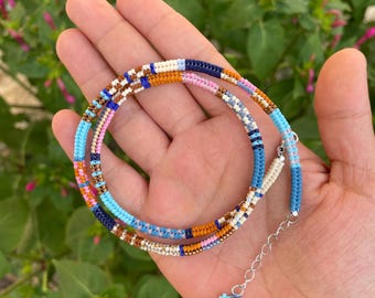 Shades of Turquois beaded necklace, Hand-woven bohemian necklace, Ethnic Necklace for women, Aesthetic, Unique choker, Retro Necklace