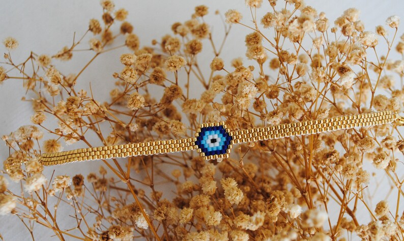 Miyuki evil eye bracelet, Adjustable Evil eye gold bead bracelet, Woven bracelet, Best friend bracelet, Trend gift for her image 7