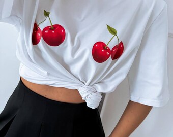 Camiseta neutral de género estampada con diseño de cereza, ropa de verano