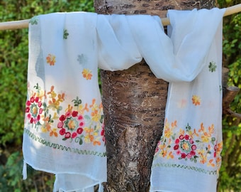 Embroidered scarf-  Cotton Head Neck Scarf - Neckerchief - Soft Rose Background Floral Scarf - Headband Active