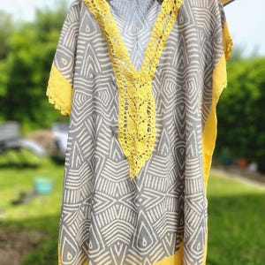 Handmade boho tunic/Tunic with crochet neckline/Unique beach tunic/Crochet neckline tunic for women