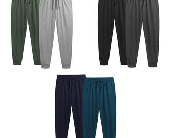 Men’s Lounge Pants 2 Pack 100% Cotton Jersey Soft Breathable Nightwear Bottoms Ribbed Leg Cuff Drawcords Side Pockets Trousers Sizes S-2XL