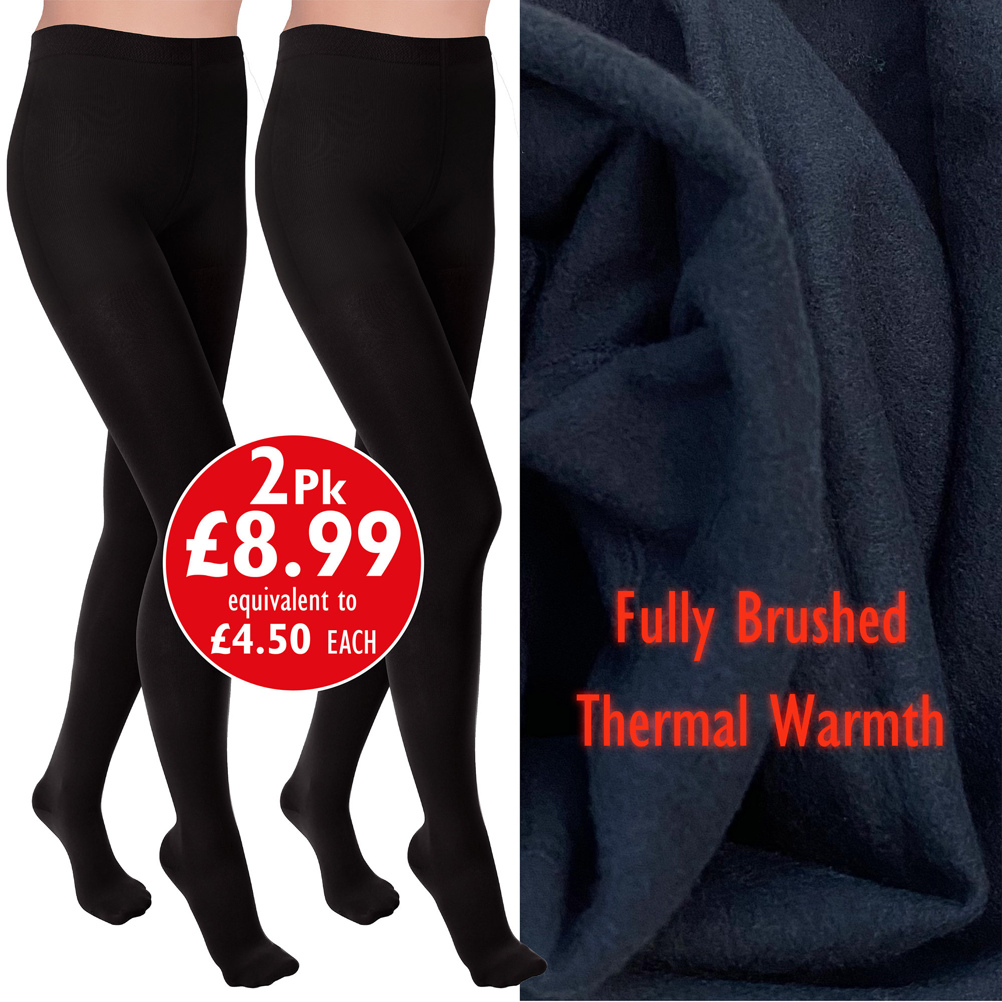 Ladies Thermal Tights Brushed Cosy 2 Pairs Womens Black Warm