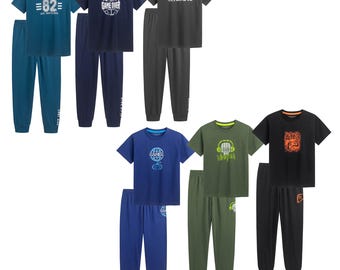 Boys Short Sleeve Pyjamas Set 3 Pack 100% Cotton Matching Top & Bottom with Soft Breathable Fabric, Elasticated Waist Kids Sleepwear 8–13
