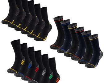 Mens 6PK Premium Work Socks with Comfort Ribbed Leg Foot Gripper Cushioned Arch Support Reinforced Heel Toe Cotton Elastane Heavy Duty Socks