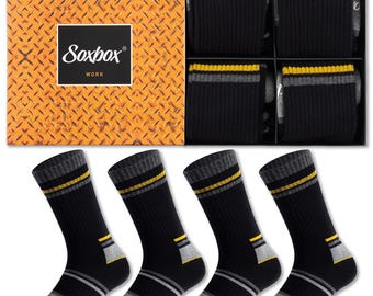 Men’s Work Socks 4 Pack Premium Organic Cotton Breathable and Cushioned with Arch Support Reinforced Heel & Toe Crew Socks Gift Box