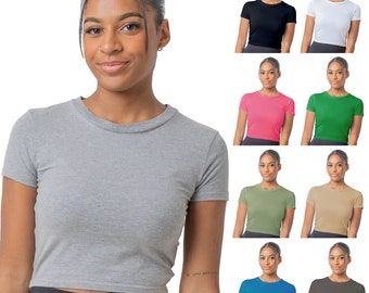 Ladies T-Shirt Multicoloured Womens Shortsleeve Crop Length Top Shirt Soft Breathable Elastane Stretch Cotton Rich Casual Round Neck Vest