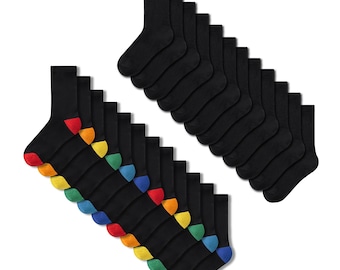 Calcetines para niños, paquete de 12, color negro, con talón y punta de colores, duraderos, cómodos, de mezcla de algodón y elastano elásticos acanalados.