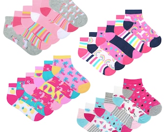 Girls Socks 6 Pack Trainer Liners Cotton Rich Coloured Fun Design Ankle Summer Socks