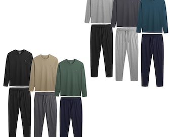 Mens Long Sleeve Pyjama Set 3 Pack 100% Cotton Jersey Loungewear Soft Comfortable Multipack PJs with Side Pockets Draw Cord Sleepwear S-2XL
