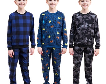 Boys Fleece Pyjama Set with Long Sleeve T-Shirt & Bottom Pants Sleepwear Loungewear Nightwear for Kids Comfortable Top Trousers 4-13 Years