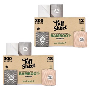 May include: Two cardboard boxes of Tuff Sheet bamboo toilet rolls. One box contains 12 rolls, the other 48 rolls. Each box has rolls with grey polka dots and pink chevron patterns. The packaging states "300 sheets" and "eco friendly."