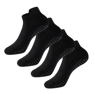 May include: Four pairs of black ankle socks with non-slip grips on the soles. The socks are made of a breathable material, designed for comfort and grip during activities like yoga or Pilates.