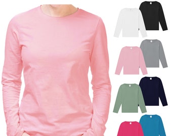 Ladies T-Shirt Long Sleeve 2 Pack Black White Cotton Long Tee Crew Neck S-4XL