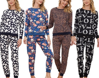 Ladies Fleece Pyjamas Supersoft Cosy Nightwear Set Long Sleeve Floral Hearts Size 8-22