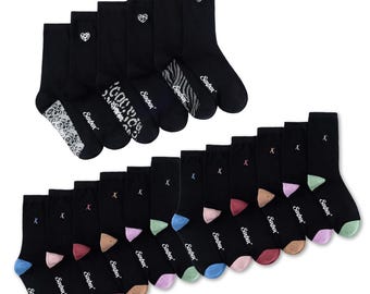 Ladies Black Socks 6 and 12 Pairs Premium Organic Combed Cotton Multiway Stretch Reinforced Heel and Toe Embroidered Socks