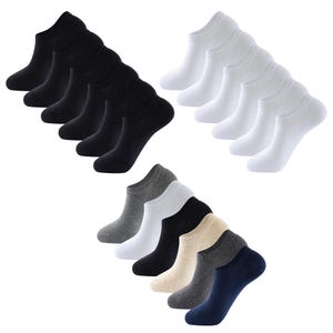 May include: A set of 18 no-show socks in black, white, grey, beige, and navy blue. The socks are made of a soft, breathable fabric and are ideal for everyday wear.