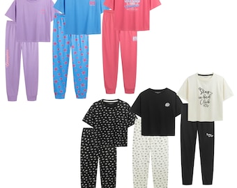 Girls Short Sleeve Pyjamas Set 3 Pack 100% Cotton Top & Bottom Nightwear Soft Breathable Fabric, Elasticated Waist Kids Sleepwear 5–13 Yrs