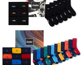 Mens Black Socks 6 and 12 Pairs Premium Gift Box Organic Combed Cotton Breathable Multiway Stretch Reinforced Heel and Toe Embroidered Socks
