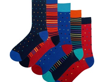 Mens Socks 5 Pairs Design Funky Coloured Cotton Fashion Dots Stripes Socks Size 6-11