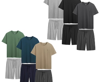 Mens Shorty Pyjama Set 3 Pack 100% Cotton Jersey Loungewear Comfortable PJs set with Side Pockets Adjustable Draw Cord Short Sleepwear S-2XL