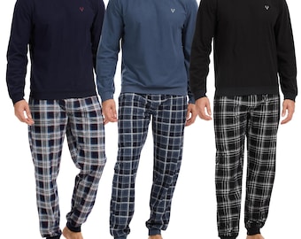 Mens Fleece Pyjama Set with Long Sleeve T-Shirt & Bottom Pants Sleepwear Loungewear Nightwear Soft Comfortable Top Trousers Size S-XL