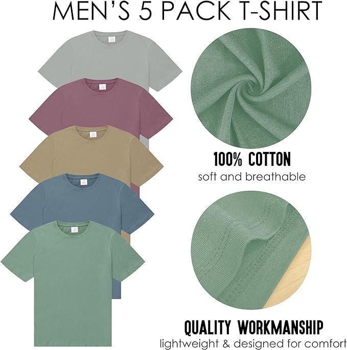 Pacchi Da 3 E 5 T-Shirt Uomo Base Girocollo - Cotone Morbido, Multicolore, Maniche Corte - Absanoh, Prodotto In Pakistan
