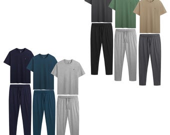 Mens Short Sleeve Pyjama Set 3 Pack 100% Cotton Jersey Loungewear Soft Multipack PJs Set Side Pockets Adjustable Draw Cord Sleepwear S-2XL