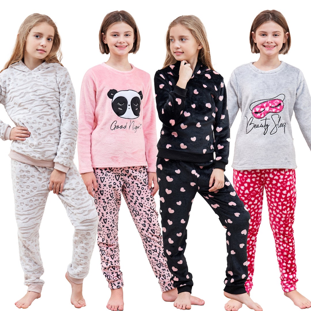 Girls Fleece Pyjamas Supersoft Cosy Set Thick Fleece Hearts Nightwear 4