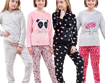 Girls Fleece Pyjama Set Thick Fleece Long Sleeve Top Bottom Pants Sleepwear Pjs Loungewear Nightwear for Kids  Comfortable Top Trousers 3-14