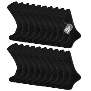 May include: A collection of black socks, arranged in two rows. Each sock has a ribbed texture and a classic design. A tag on one sock reads "20 pk". The socks are made of a soft, comfortable material.
