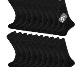 Mens Socks 20 Pack Cotton Rich Ribbed Socks Soft Breathable Socks Grip Top Elastane Stretch Elasticated Rib Leg Work Black Multipack Socks