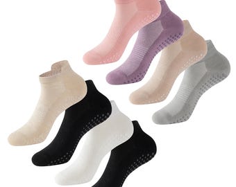 Ladies Yoga Trainer Socks 4 Pack Non-Slip Cotton Grip with Breathable Mesh, Arch Support, Heel Tab Flat Toe Seam Barre, Ballet & Gym Socks