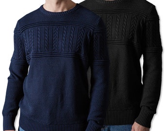 Mens Jumper Sweater Knitwear Crew Neck Cable Knit Pullover Cotton M-2XL