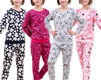 Girls Pyjama Set with Long Sleeve T-Shirt & Bottom Pants Sleepwear Loungewear Nightwear for Kids Soft Comfortable Top Trousers 4-13 Years