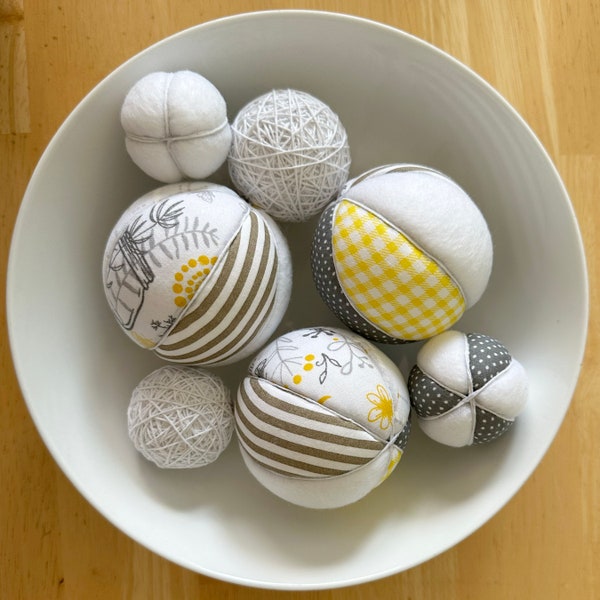 Hand Made Decorative Cloth Covered Balls, Various Sizes, Spring Theme, Yellow, Gray, White, Buy a Set of 7 or Individually