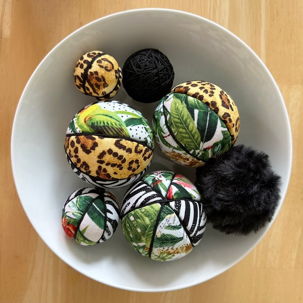 Hand Made Decorative Cloth Covered Balls, Various Sizes, 7 total, Buy as a Set or Individually, Jungle Theme Cloth Covered Bowl/Vase Fillers