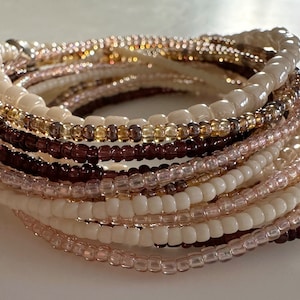 Boho, Stackable, Layering, Glass Seed Bead Bracelets, Earthy, Pink, Cream, Colors, Gift for Her, Mix and Match Fashion Accessories