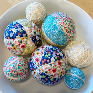 Set of 7 Hand Made Decorative Cloth Covered Balls - Various Sizes, Bright floral Design, Home Decor, Vase or Bowl Fillers, Gift