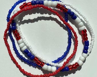 Summer Patriotic Bracelets, Set of 4, Glass Seed Beads, Red White Blue, Gift for Her.