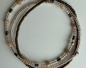 Agate & Seed Bead Bracelet Set, Earthy Pink Brown, Stackable (7 inch)