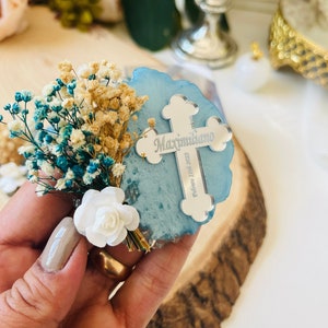 Baptism Blue Silver Favor Magnet For Boy, Christening Dried Floral Resin Gift, Holy Communion Keepsake, Baptism Decoration, Thank You Gifts