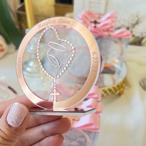 Unique Christening Favors, Rose Gold Mary Rosary Cross Figure Baptism Favor, Girl Baptism Souvenir for Guest, Customized Holy Communion Gift
