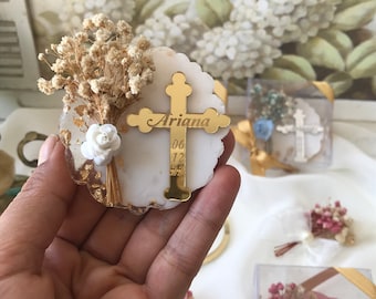 Personalized Floral Epoxy Magnet, Christening Baptism Favor, Dried Flower Keepsake