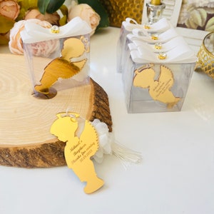 Faveur unique de miroir ange acrylique de baptême, aimant de baptême, souvenir de baptême personnalisé pour garçon, faveur Mi Bautizo, cadeau de première communion