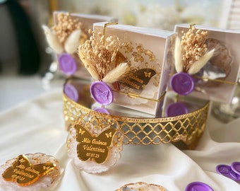 Butterfly Quinceanera Mirror Resin Magnet, Mis 15 Floral Purple Pink Favors, Sweet 16 Gift, Personalized Quince Keepsake, Mis Quince Favors